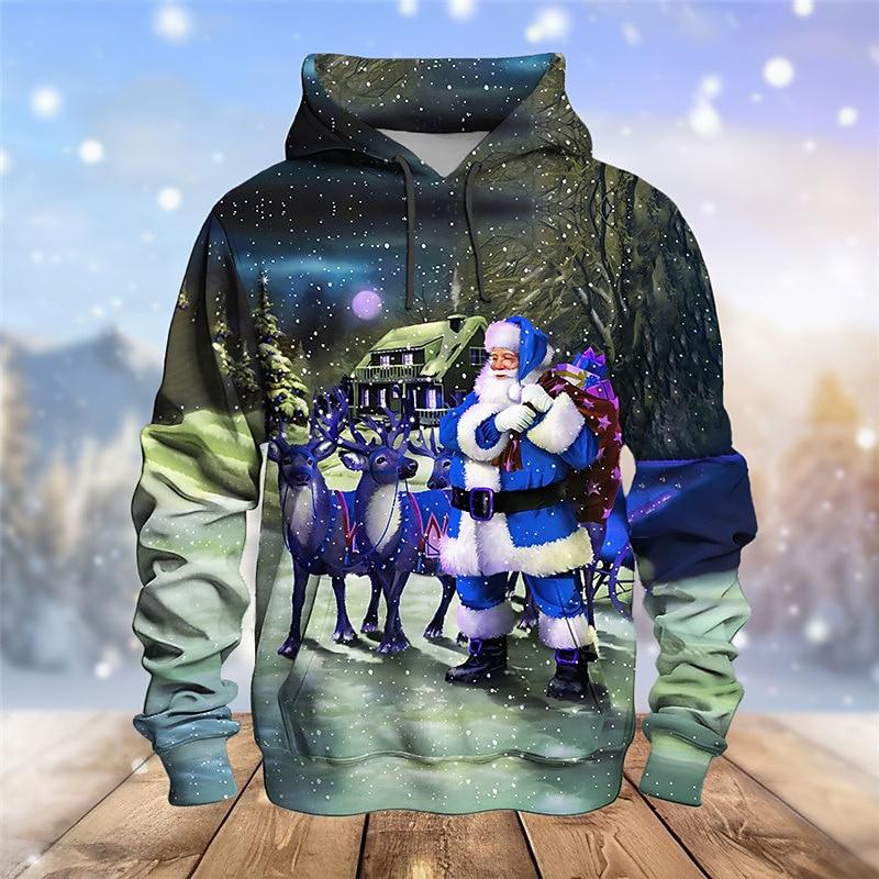 3D Printed Funny Santa Claus Hoodie For Men Christmas Elk Pattern Long Sleeves Casual Sweatshirt Unisex Loose Hoodies Pullover