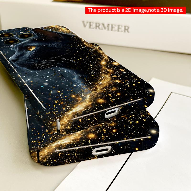 2DFlat Golden Sparkle Black Cat Phone Case All inclusive film hard iPhone case, compatible with iPhone 18 Pro Max 17 16 15 14 13 12 11