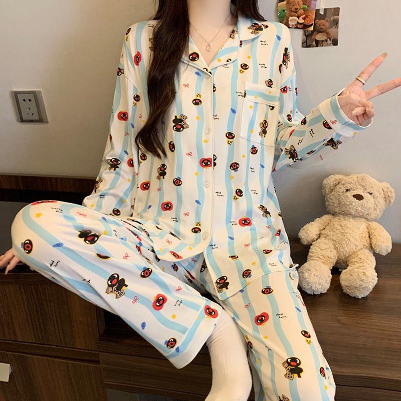 Imitation cotton pajamas women's autumn new long-sleeved pajamas black high-end star full print loungewear women's suit