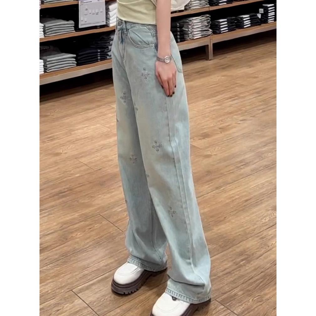 Женские джинсы с высокой посадкой, вышивкой, светлой стиркой, широкими штанинами, весна 2025