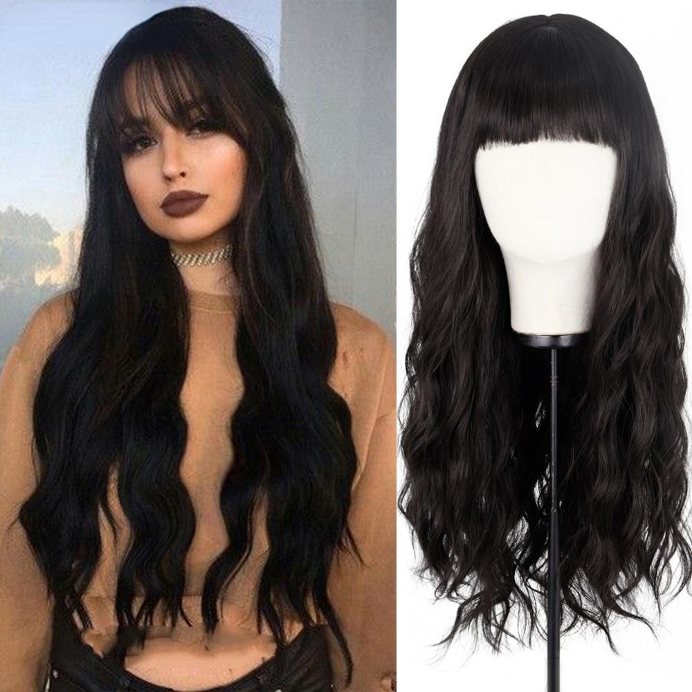 MERISIHAIR Long Ombre Synthetic Orange Red Black Pink Wigs with Bangs Water Wave Synthetic Heat Resistant Fiber Wigs for Women