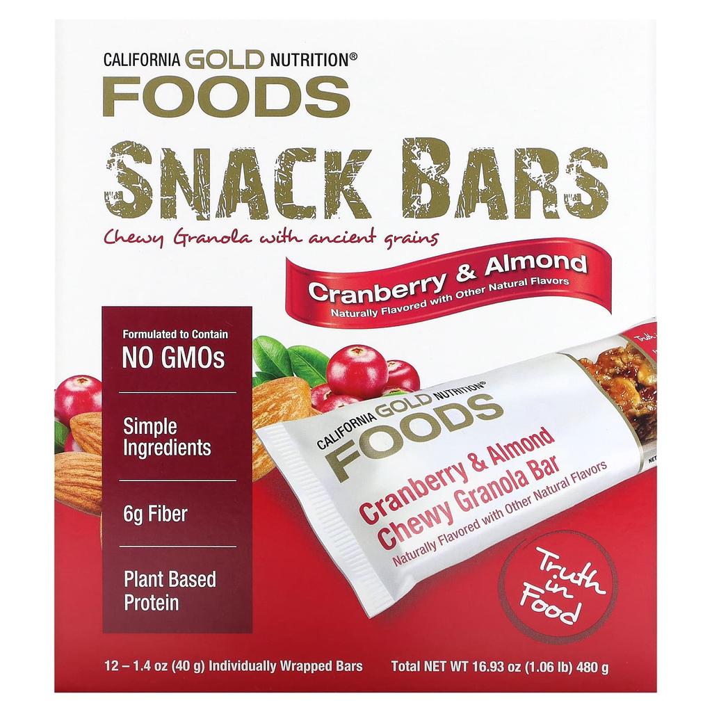 California Gold Nutrition Food, Cranberry & Almond Chewy Granola Bars, 12 Bars, 1.4 Oz (40 G) Each