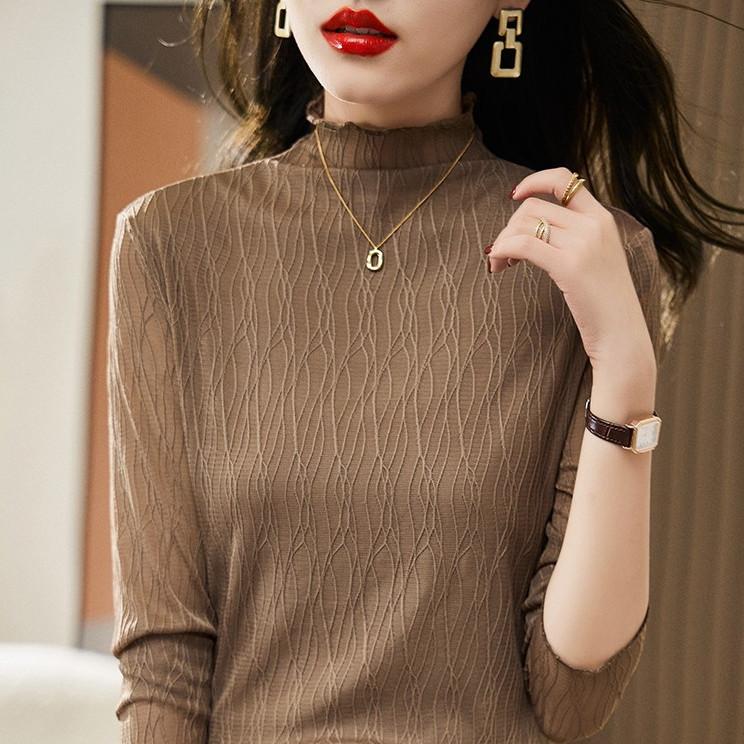 Lace Base Shirt for Women's Autumn Fashion Half High Neck Long Sleeved Mesh Base Top