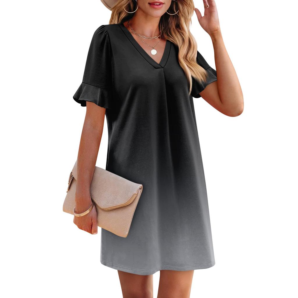 Летние платья для женщин с V-образным вырезом, оборками и коротким рукавом, повседневное свободное платье с принтом, пляжное платье с карманами