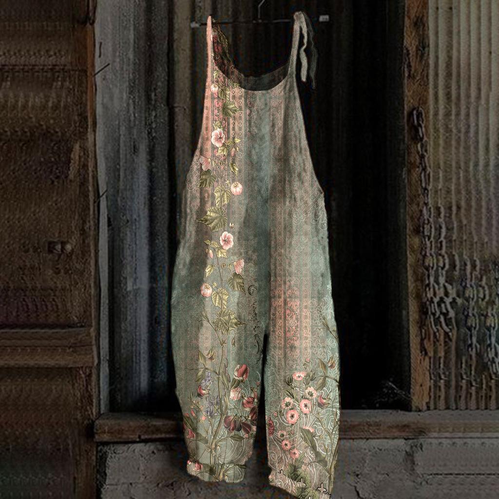 Женский комбинезон с принтом, повседневный, свободный, винтажный, с бретельками, из хлопка и льна