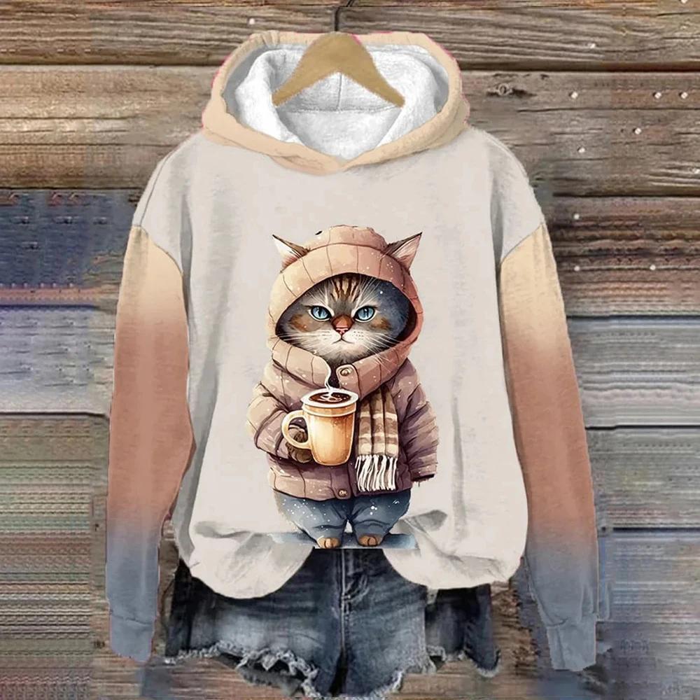 Женские толстовки с капюшоном Смешные кавайные кошки животные Принт Толстовка для женщин Толстовки Женская одежда Повседневный милый пуловер Женская толстовка