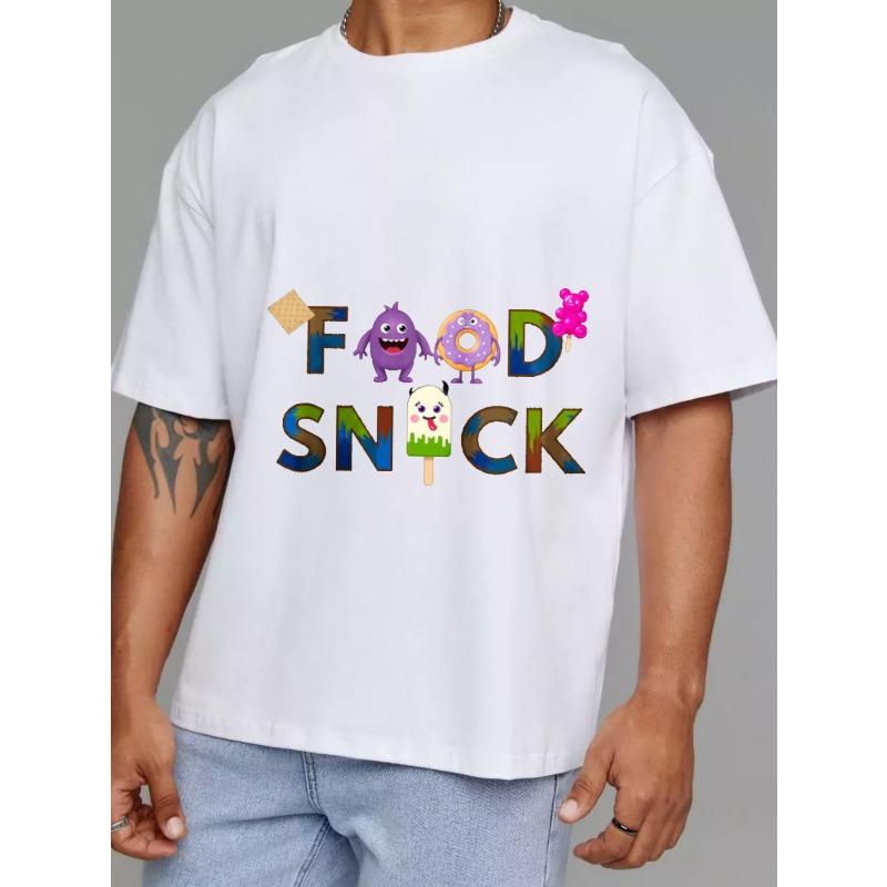 Cotton T Shirt White Food Snack Cartoon Characters and Text Design Casual Wear for Men and Women Daily Outfits Streetwear Style