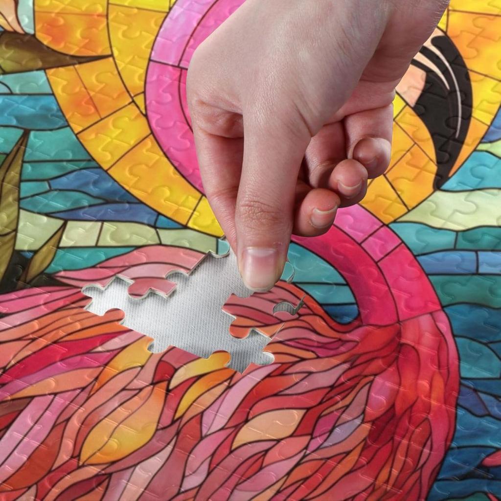 Витражный Фламинго Пазл 500 Деталей, Пазл с Мешочком для Хранения и Справочным Изображением Легко Собирать