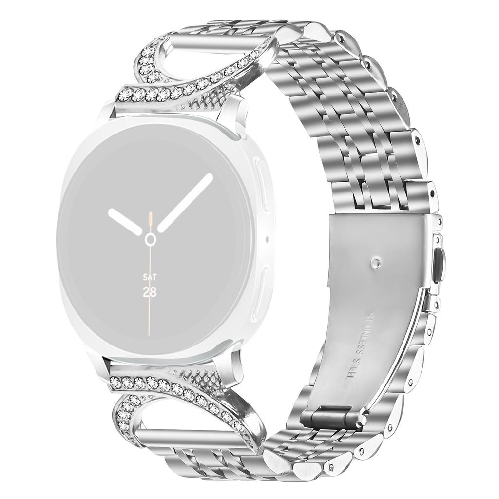 Watch Band for Samsung Galaxy Watch8 Classic 46mm/Watch8 44mm/40mm Seven Bead Stainless Steel Strap with Rhinestone Ox Horn Style Connector