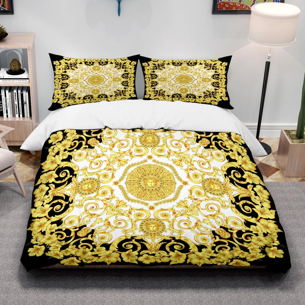 Baroque Bedding Set European Style Black Gold Luxurious Duvet Cover Pillowcases 100% Polyester Full Size Home Decor Bedding Set