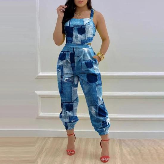 Женский комбинезон с квадратным воротником и открытыми плечами, без рукавов, на шнуровке, с карманами, с цветочным узором, длинные комбинезоны, уличная одежда