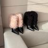 2025 осень новые толстые на высоком каблуке розовые пушистые модные ботинки Мартин с острым носком до середины голени закрывают ноги сексуальные женские короткие ботинки
