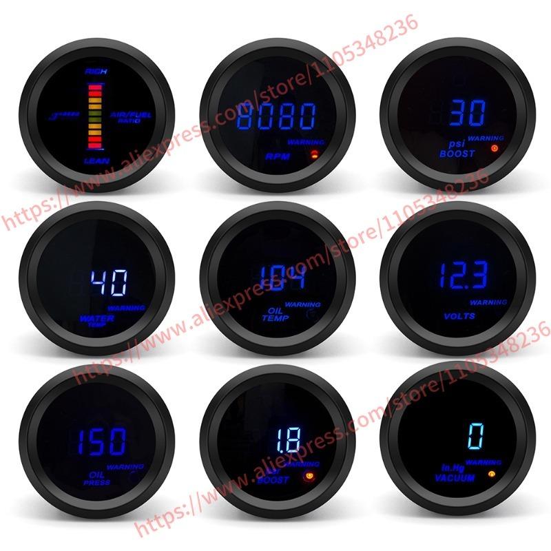 Digital Gauge, 52mm: RPM, Boost Pressure, Coolant Temperature, Oil Temperature, Oil Pressure, Air-Fuel Ratio, Voltage, 12V