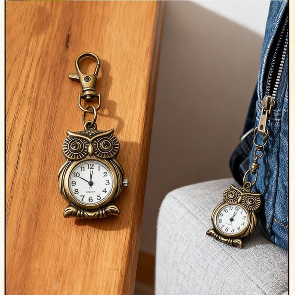 Alloy Clock Keychain Owl Shape Mini Hanging Watch Vintage Pocket Watch