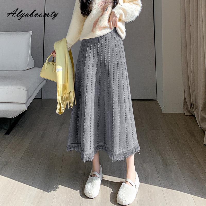 Корейская мода, осенне-зимняя женская юбка-миди с высокой талией, серая, черная, абрикосовая, кофейная, толстая теплая юбка, элегантная женская юбка с кисточками, женские юбки