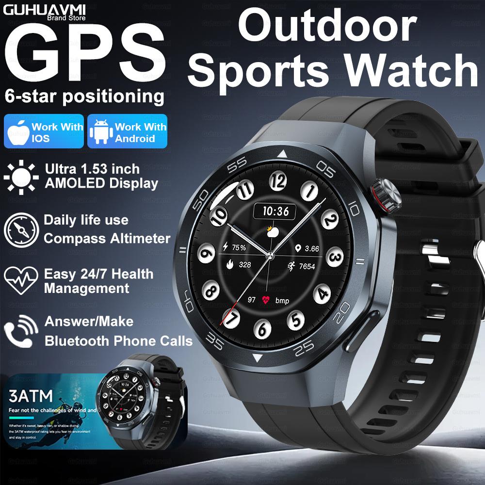 Новые умные часы с GPS-позиционированием для мужчин, 1,53-дюймовый AMOLED HD-экран, компас, датчик сердечного ритма, водонепроницаемость 3ATM, звонки, спортивные, деловые умные часы