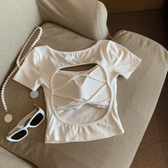 Женская футболка с квадратным воротником и коротким рукавом, с вырезом на спине, однотонная облегающая укороченная футболка, повседневная одежда