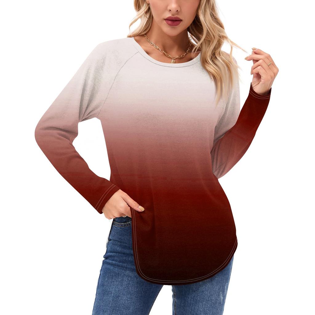 Женские рубашки с длинным рукавом, повседневные, модные, с градиентным принтом, туники, топы, с круглым вырезом, базовая свободная футболка