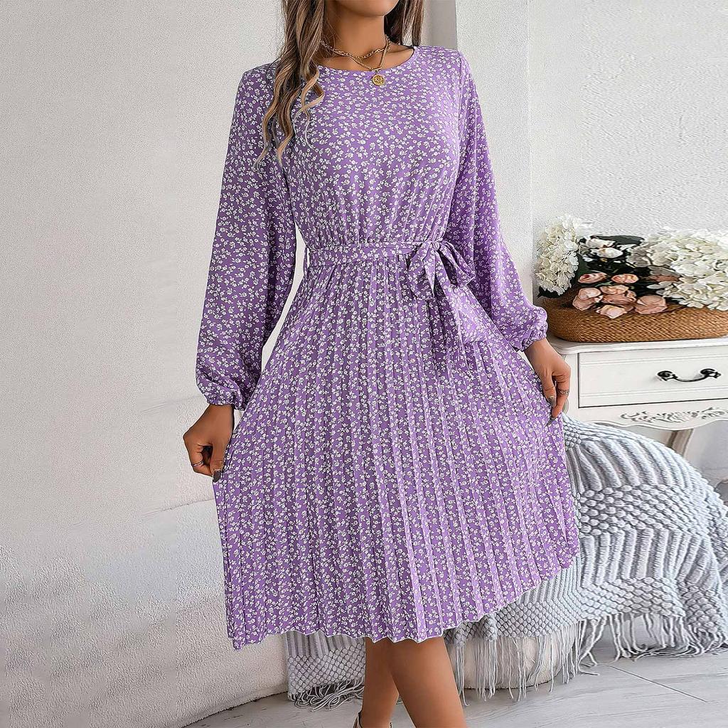 Women Fashion Spring And Summer New Casual Long Sleeve Floral Large Hem Pleated Dress