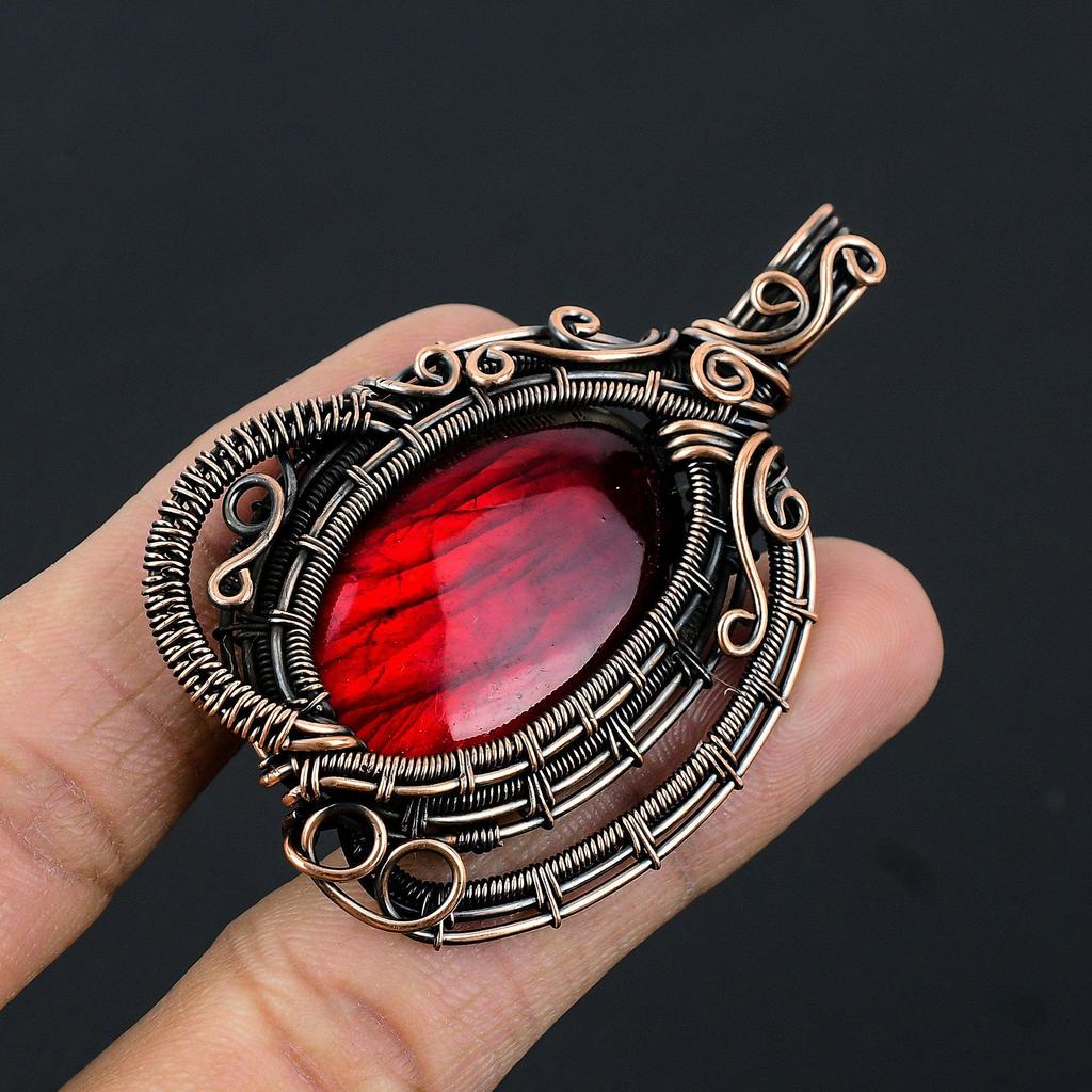 Red Flash Labradorite Pendant, 999 Copper Wire Wrapped Jewelry, Gemstone Jewelry Pendant, Handmade Wedding Gift Jewelry