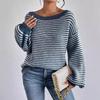 Color Block One-shoulder Striped Lantern Sleeve Sweater - Women's Versatile Loose Knitted Top, European & American Style.
