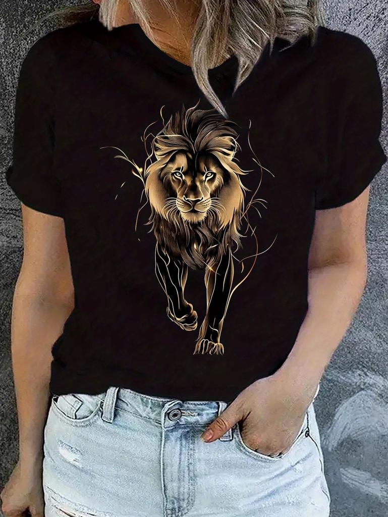 Summer Women's Casual Short Sleeve T-Shirt Vibrant Lion Geometric Print Fashion Casual Tops Tees Y2k Versatile Women's Clothes