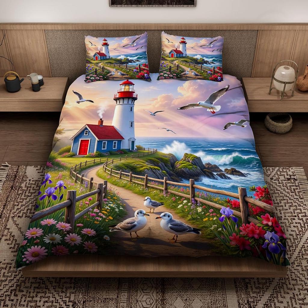 3D Print Lighthouse Double Duvet Cover 2Pieces Bedding Set Zipper Ocean Maritime Microfiber Quilt Cover with Pillowcase 50*75cm