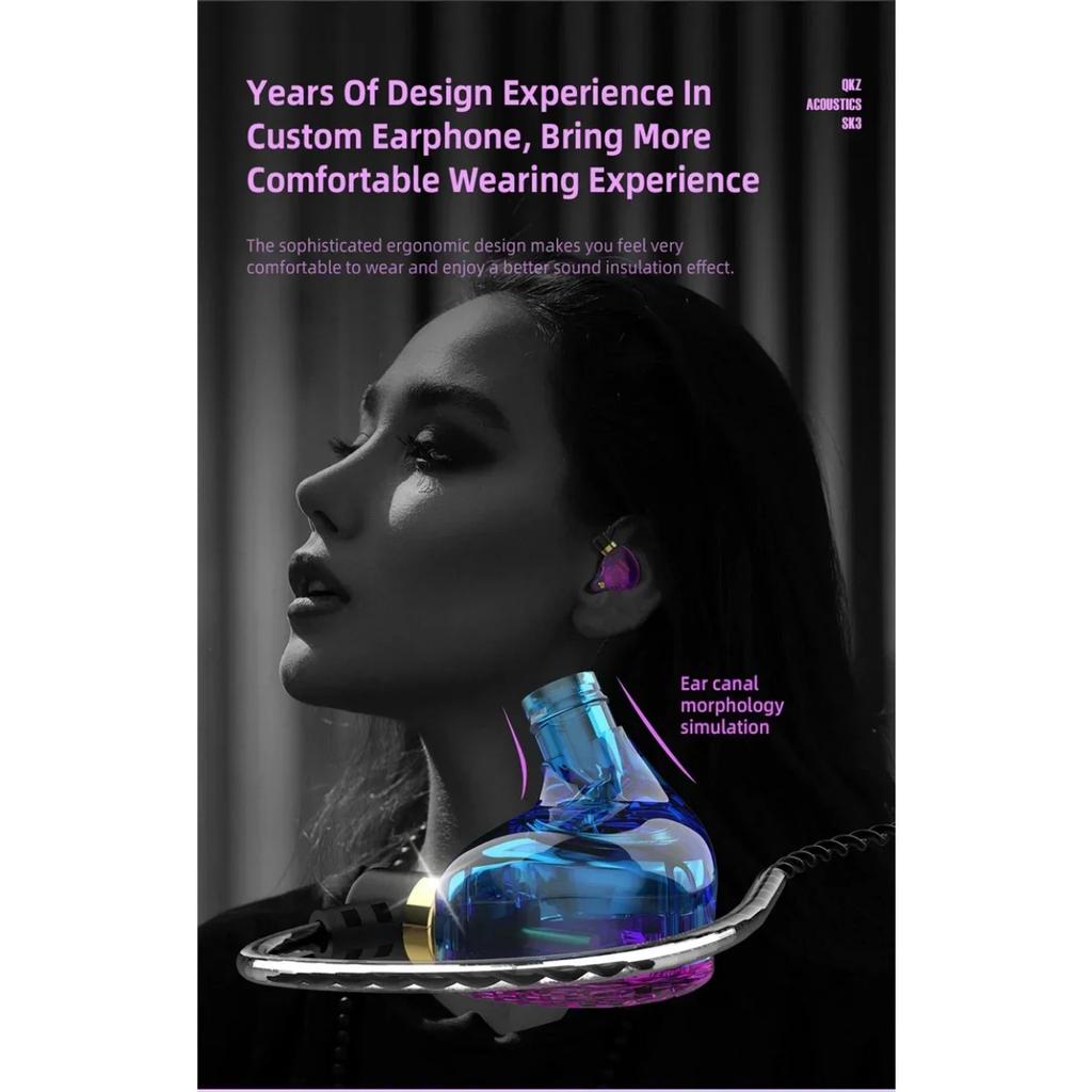 QKZ SK3 3.5mm Wired Earphone with Microphone HiFi Music Monitor Bass Headphone Noise Cancelling Headset for Sport Gaming Earbuds