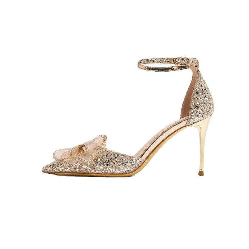 Туфли на высоком каблуке женские летние 2025 новые однотонные с бантом красивые свадебные туфли с острым носком и неглубокой шпилькой босоножки женские