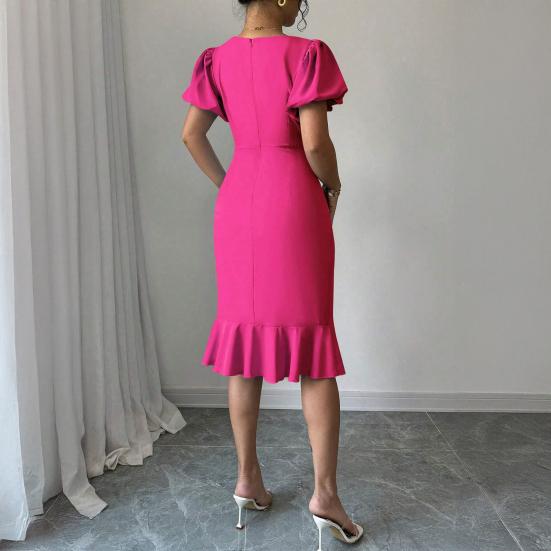 Женские облегающие платья с короткими пышными рукавами, платье миди с круглым вырезом и оборками, юбка «русалка», коктейльное платье для гостьи на свадьбу