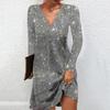 Women Dress V Neck Long Sleeve Shiny Sequin Loose A Line Solid Color Soft Breathable Pullover Elastic Above Knee Length Party Club Mini Dress
