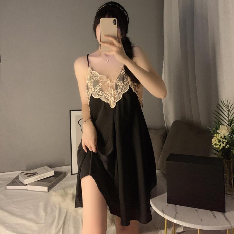 Nightgowns Women's Summer Suspenders Ice Silk Nightdress Thin Home Pajamas Loose Slim Sexy Lace Sleepwear