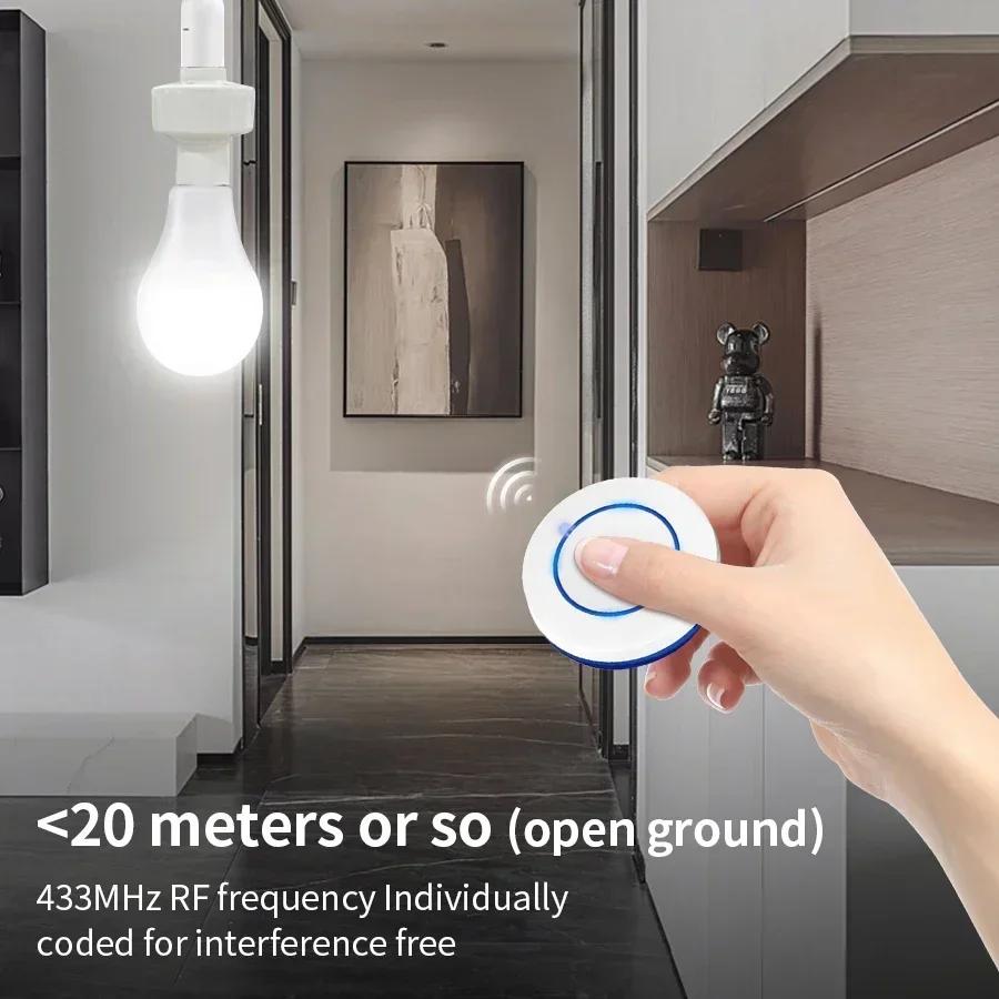 433MHz E27 Lamp Holder Smart Wireless Remote Control Switch Mini Round Button Wall Panel Switch LED Bulb Lighting For Bedroom