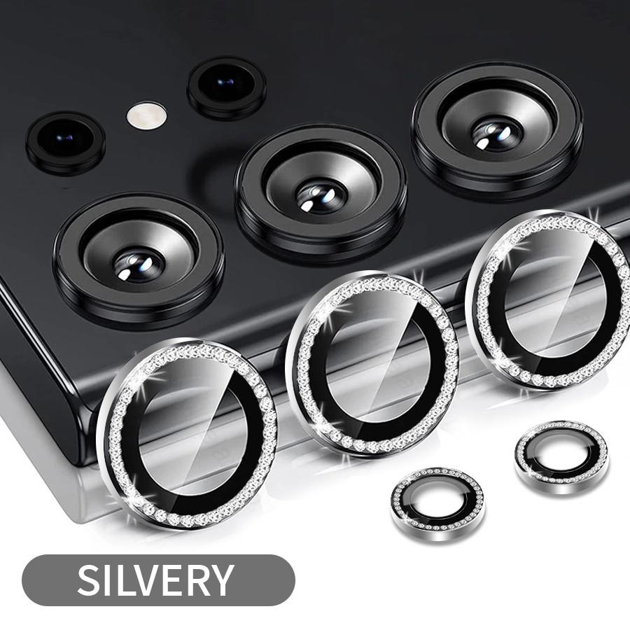 1 Set For Samsung Galaxy S24 S23 Ultra S24 S23 Plus Bling Glitter Diamond Metal Camera Lens Protector Ring with Tempered Glass