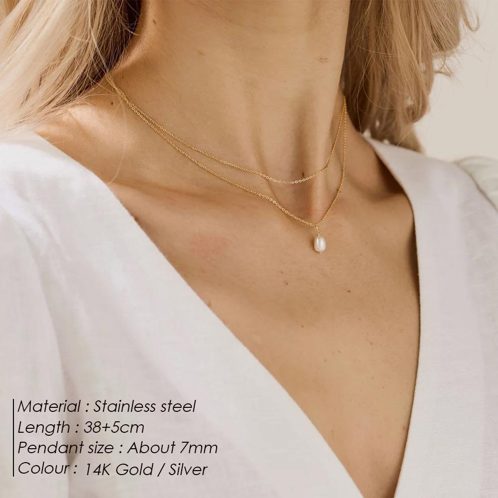 EMANCO Dainty Layered Freshwater Pearl Necklace Stainless Steel 14K Gold/Silver Color Women’s Daily Wear Fashion Jewelry
