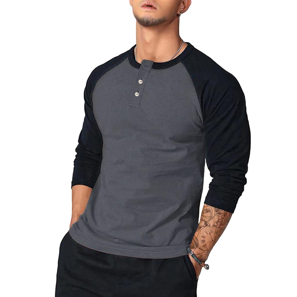 Spring and Autumn Men Button O-neck Long Sleeve T-shirts Summer Male Patchwork Tee Shirt Tops