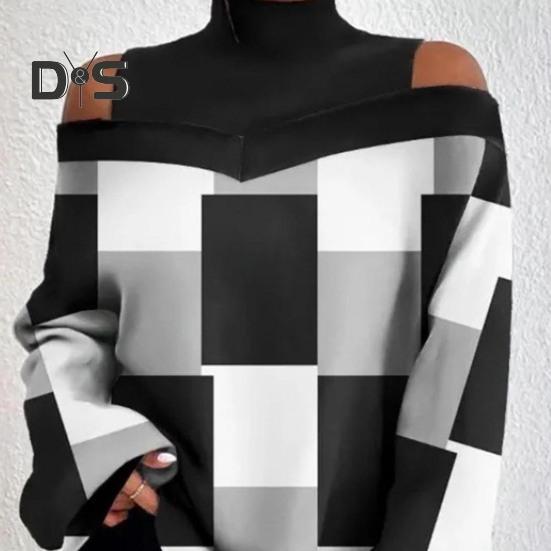 Женские осенне-зимние топы с контрастным цветным принтом, свободная футболка с воротником и открытыми плечами, фонариком и длинными рукавами