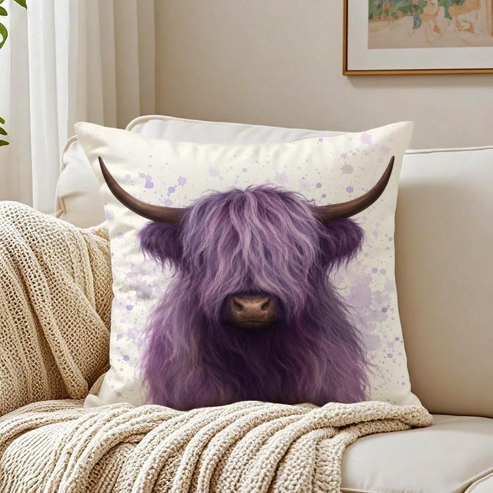 Turquoise Highland Cow Pillow Case Double-Sided Plush Sofa Cushion Covers Organic Breathable Invisible Zipper