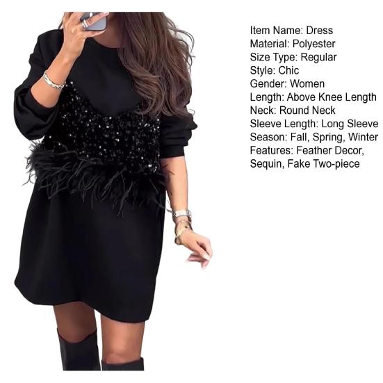 Весна Осень Женское Платье Блестки Перья Декор Поддельные Две Части Круглый Вырез Длинный