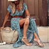 Yousheng Summer Vacation Dress with Belt V Neck Short Sleeves Slim Waist Beach Maxi Dress Floral Printing Slit Hem Bohemian Dress