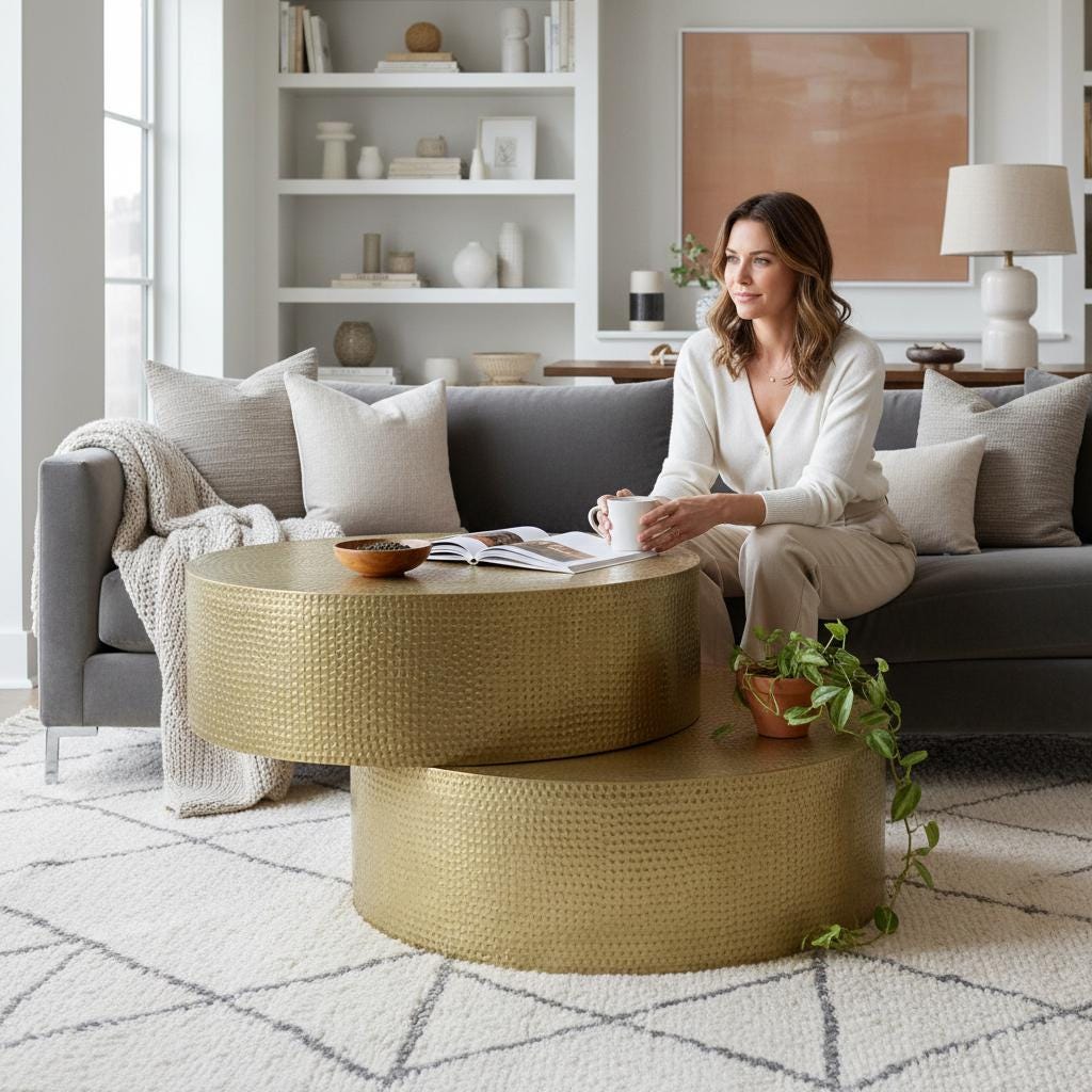 Wood Hammered Brass Round Coffee Table-Indian Side Table -Bedside Central Table | Modern Accent Tables | Luxury Decor Living Room Furniture