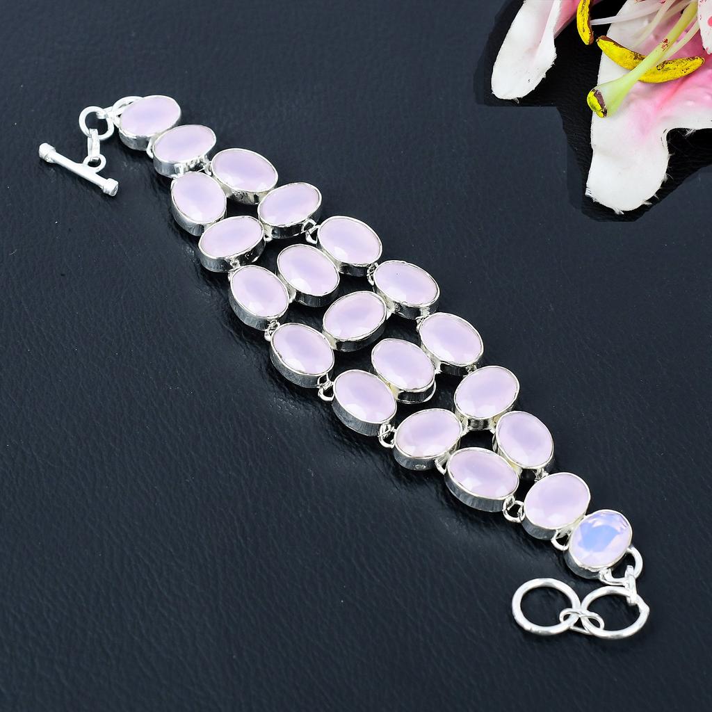 Pink Chalcedony Gemstone Handmade 925 Sterling Silver Bracelet 7-8" KG-386