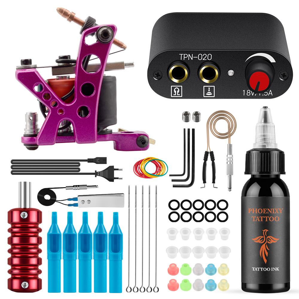 PHOENIXY Starter Tattoo Machines Gun с 30 мл чернилами, пигментом, источником питания для татуировки, традиционные игольчатые ручки для татуировки, инструменты для боди-арта, полный комплект