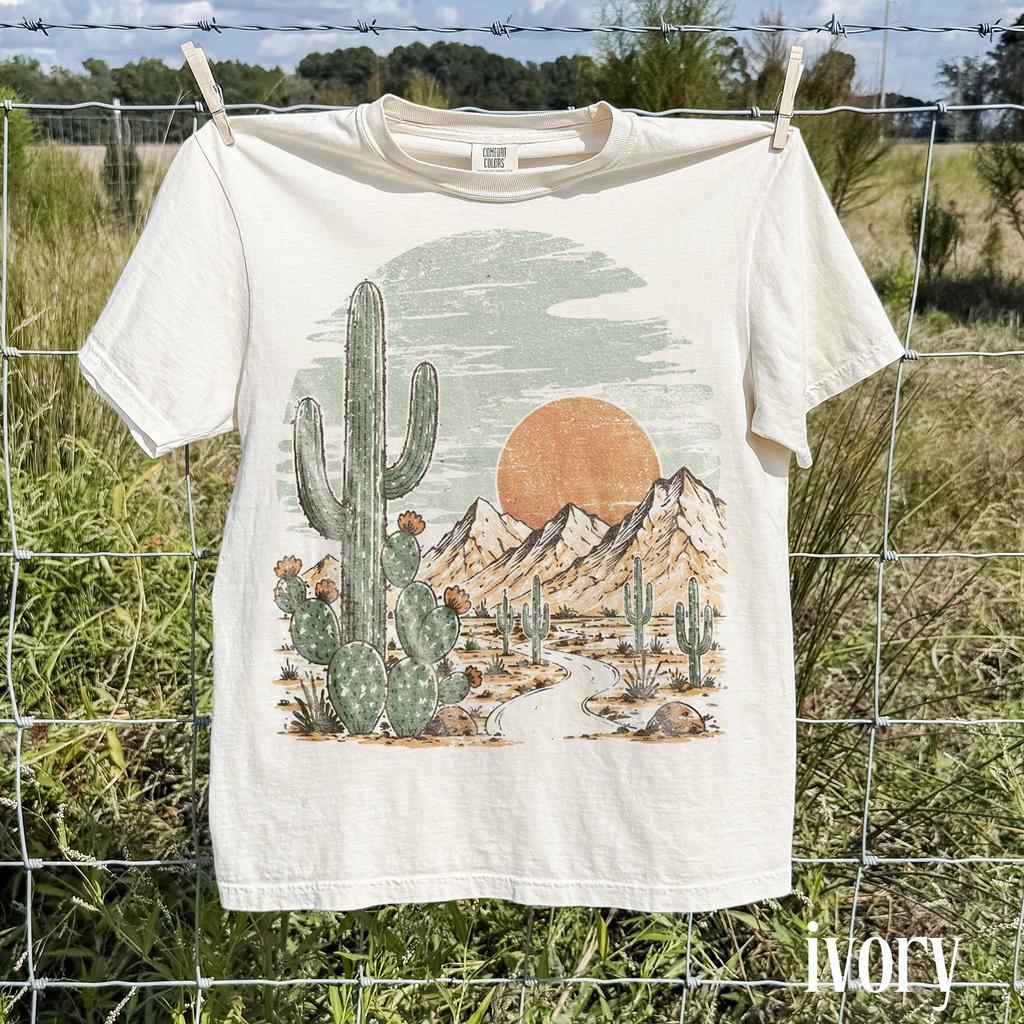 Southwest Desert Cactus Graphic Tee, Western Mountain Landscape Shirt, Rustic Nature Adventure Top, Comfort Colors® Desert Gift Tee