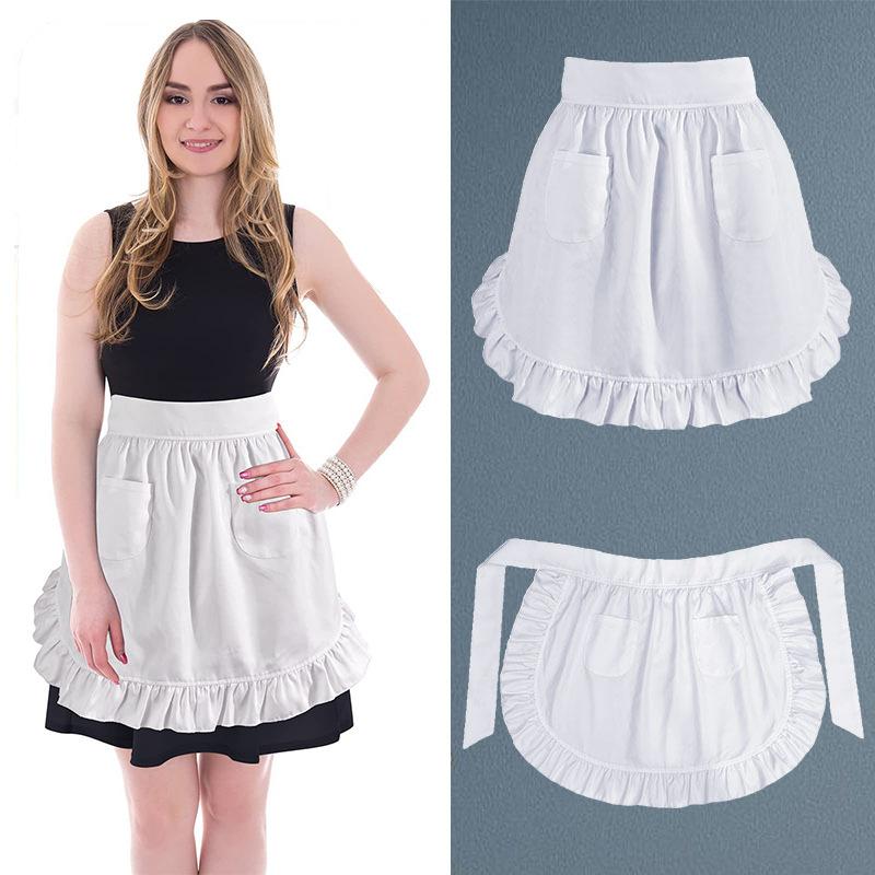Woman Half Waist Cooking Kitchen Apron Short Lolita Maid Sexy Lace Black White Bib Beauty Flower Coffee Shop Pinafore Home Work