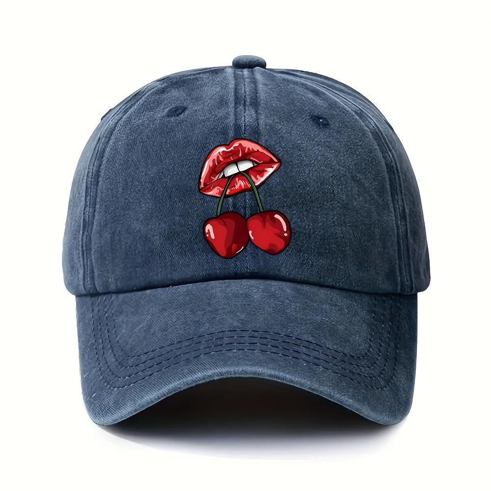 Sexy Lips Cherry Print Washed Baseball Cap Trendy Unisex Casual Polyester Adjustable Sport Hat