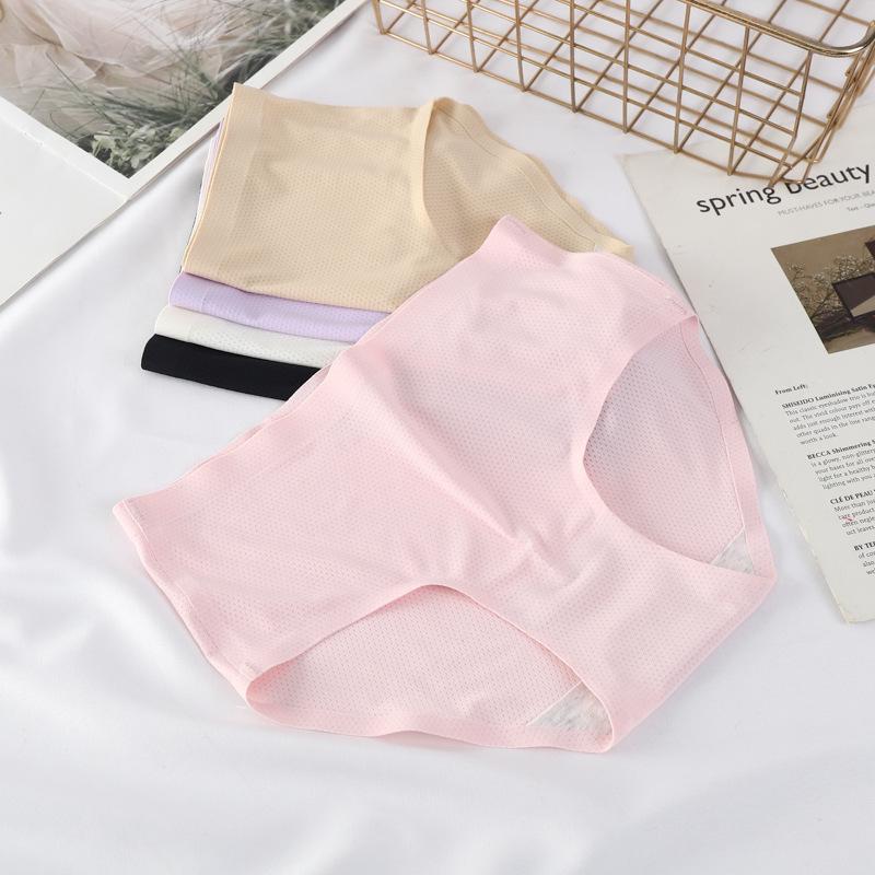 Женские бесшовные трусы-слипы средней посадки из ледяного шелка с дышащими отверстиями и хлопковой ластовицей