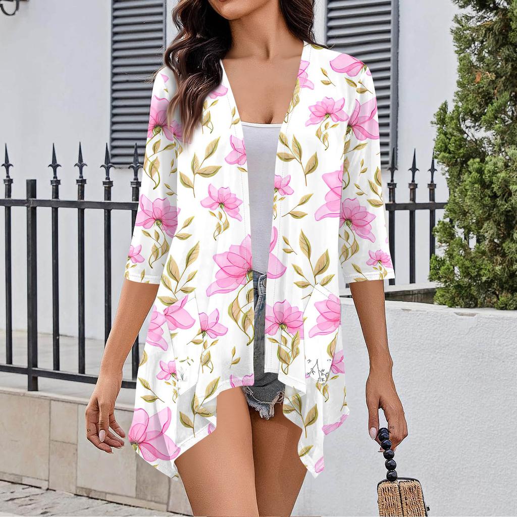 Women's Fall Print Irregular Three-quarter Sleeve Cardigan With Pocket Jacket