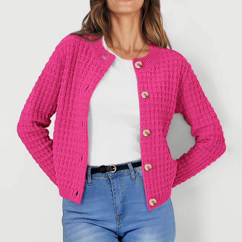 Women's Fashionable Solid Color Long Sleeved Button Knit Cardigan Casual Sweater Jacket