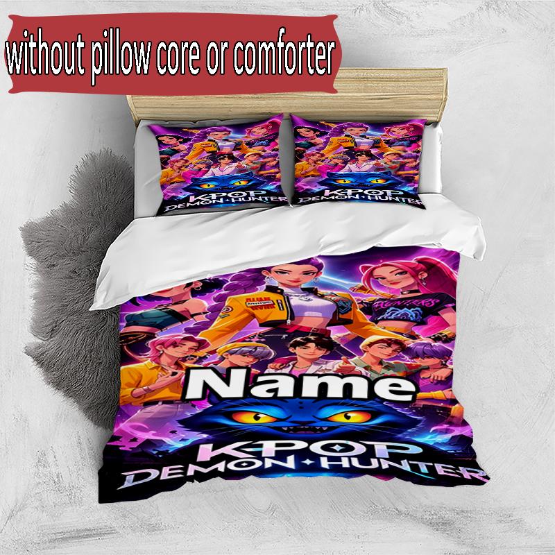 3pcs Duvet Cover Set (1*Duvet Cover + 2*Pillowcase, Without Core), Custom Name KPop Demon Hunters Pattern Bedding Set, Home Bedroom Decor Gift